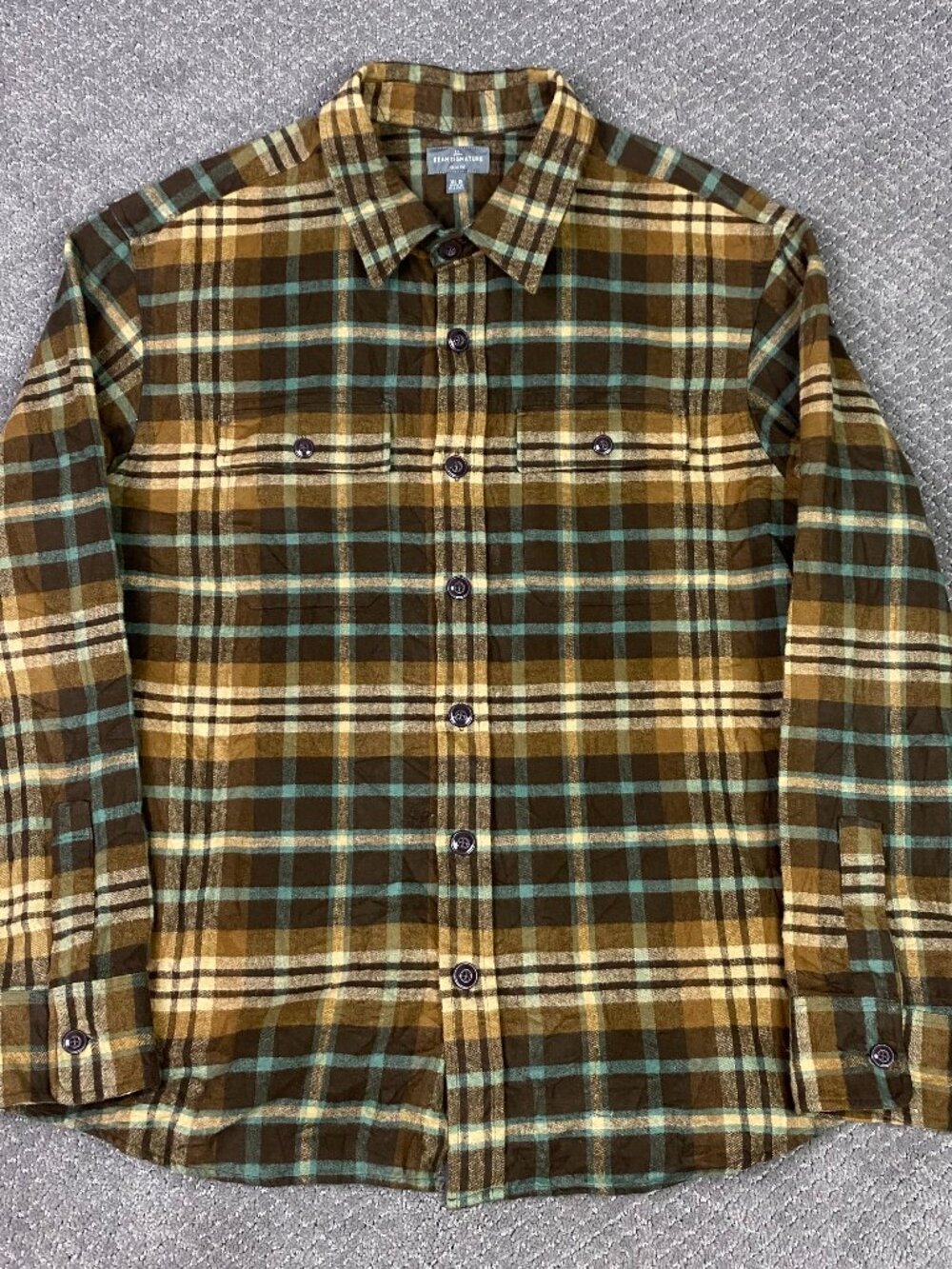 LL Bean 1912 Chamois Cloth Shirt Mens XL Brown Turquoise Flap Pockets Flannel